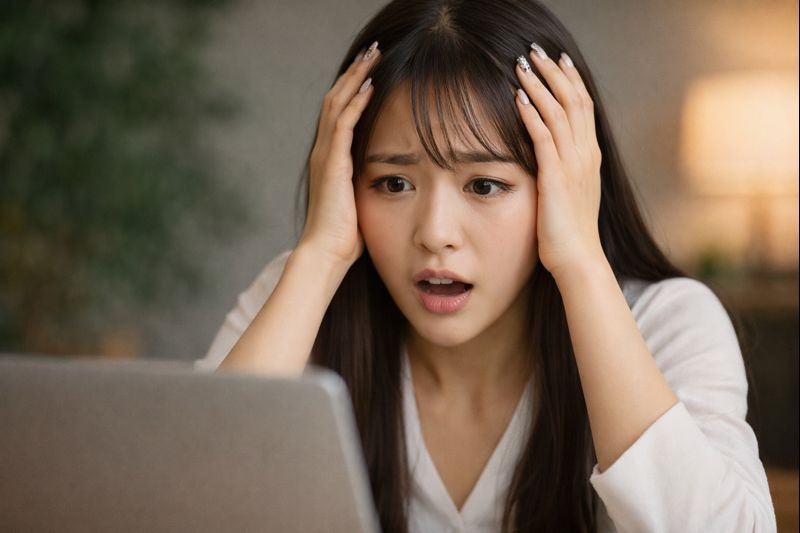 VPNを使っていてもウイルス感染やフィッシング被害に気づき、困惑する女性のイメージ