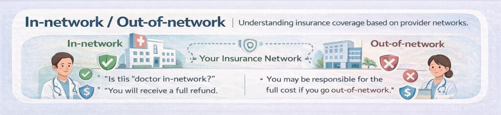 保険会社と提携している医療機関（インネットワーク）と、提携外の医療機関（アウトオブネットワーク）の違いを示した図解