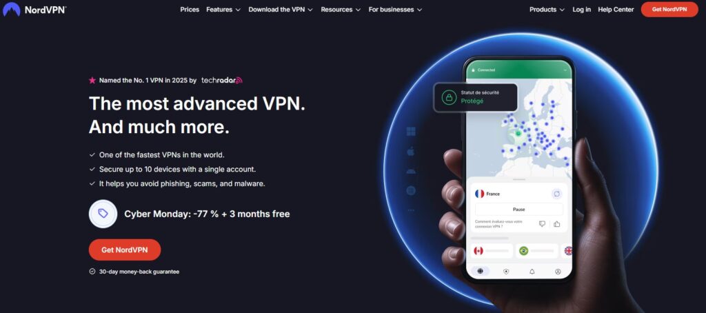 NordVPNの公式トップページ。セキュアなVPN接続を示すスマホ画面とキャンペーン情報。