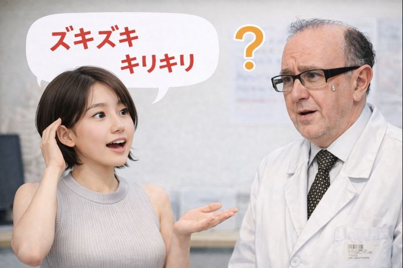 外国人医師に日本語の擬音語で症状を説明しようとして、うまく伝わらず戸惑う日本人女性の様子