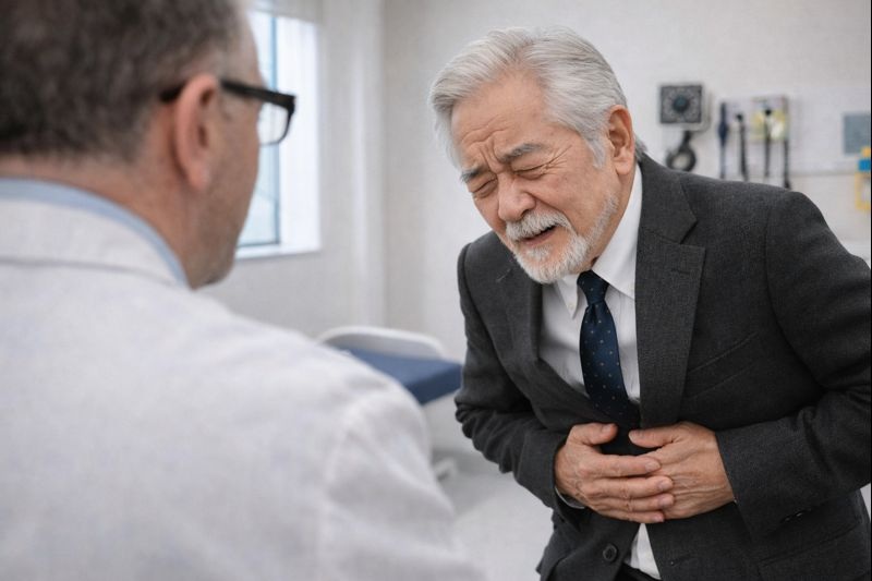 病院の診察室で腹痛を訴える日本人中高年男性と外国人医師