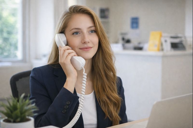 オフィスで電話を受けながら対応する外国人女性スタッフ。病院や保険会社での問い合わせ対応を想起させるシーン。