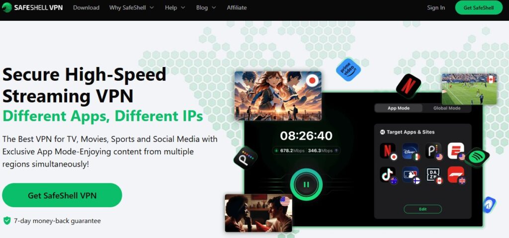 SafeShell VPNのトップページに掲載されたアプリモードの紹介画像。高画質ストリーミングや複数IP対応の特徴が視覚的に表現されている。
