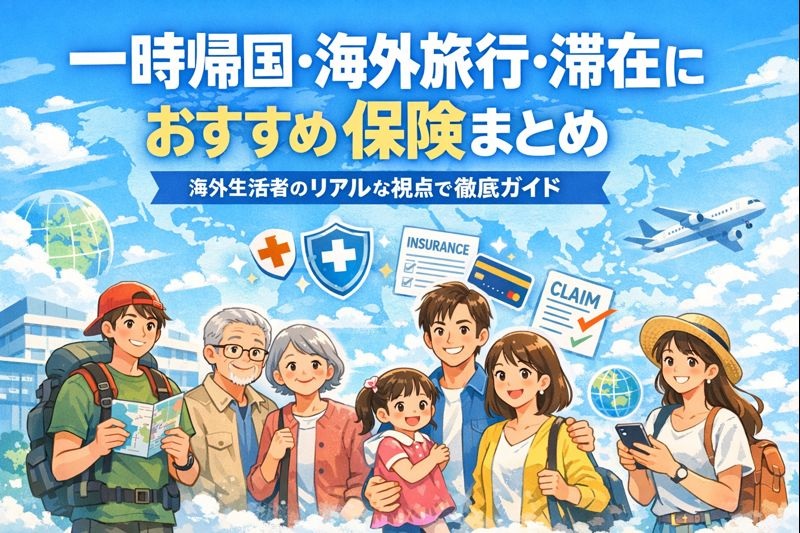 世界を旅する人々を描いた、年齢・スタイルの異なるキャラクターたちのイラスト（バックパッカー、家族連れ、シニア旅行者など）