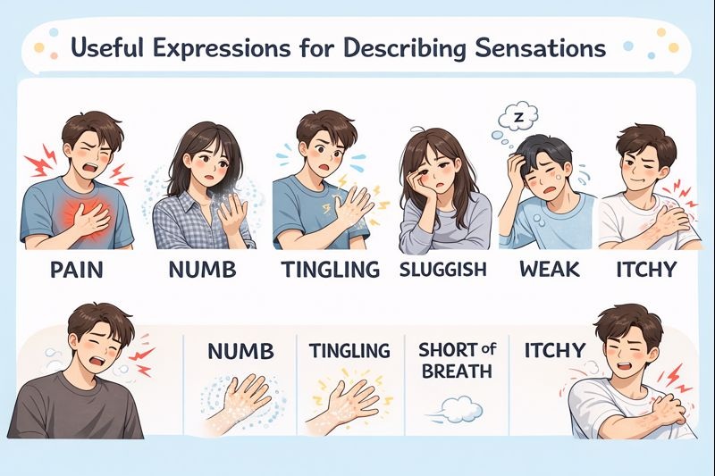 痛み、しびれ、だるさ、脱力感、かゆみなど、体の感覚を表す基本的な英語表現（pain, numb, tingling, sluggish, weak, itchy）を図解で示したイラスト