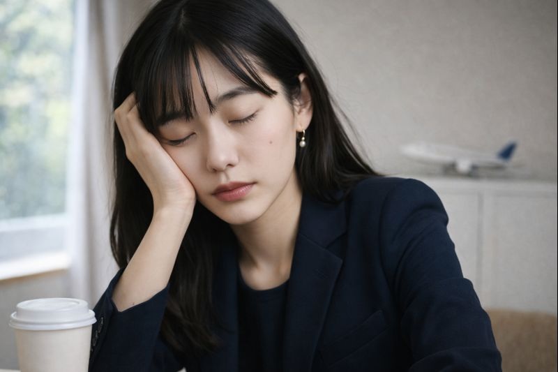 時差ボケと睡眠不足で疲れた表情のアジア人女性が、机に肘をついて目を閉じている様子