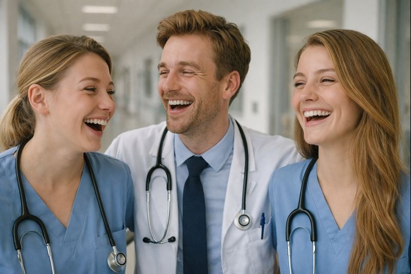 海外の病院の廊下で、外国人の医師と看護師が笑顔で会話し、和やかな雰囲気になっている様子