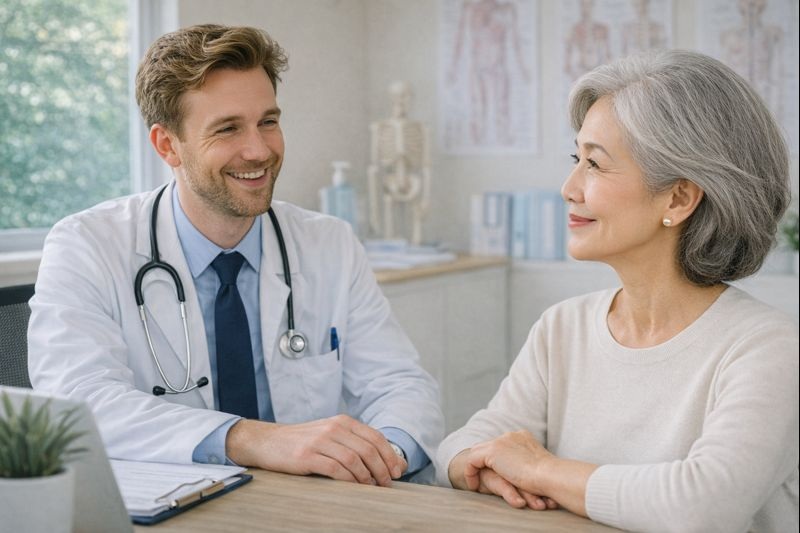 海外の診察室で、外国人ドクターと日本人女性が落ち着いて英語で会話している様子