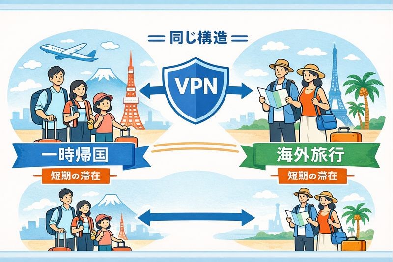 一時帰国と海外旅行はどちらも短期滞在という同じ構造を持ち、VPNに求められる考え方が共通していることを示した図解