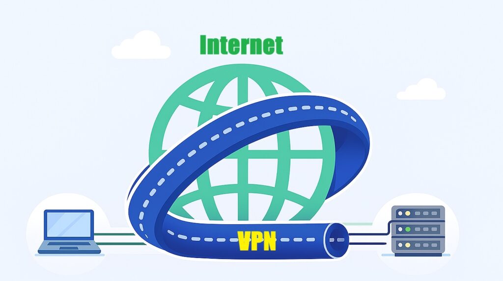 A secure VPN tunnel connecting a user's laptop to a server through the internet, symbolized by a blue looped tunnel around a globe.