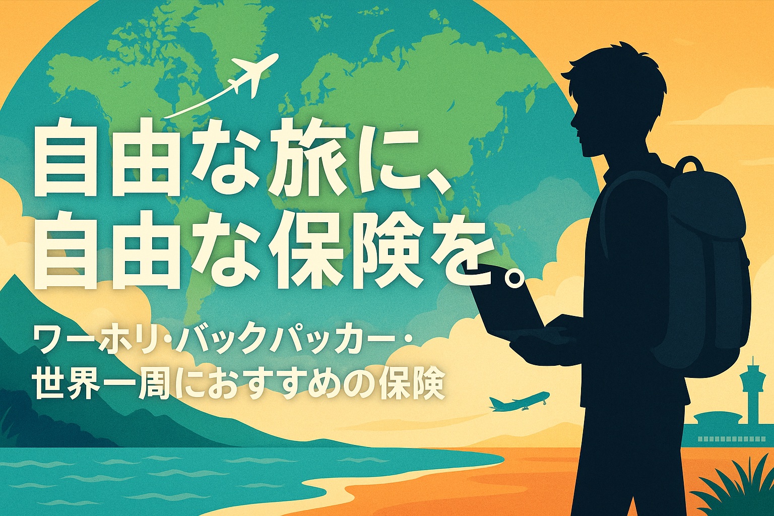 ノマドやバックパッカーが世界を旅するイメージのサムネイル。リュックとノートPCを持つ旅行者が自由を感じる場所で佇んでいる様子。「自由な旅に、自由な保険を。」というキャッチコピー入り。