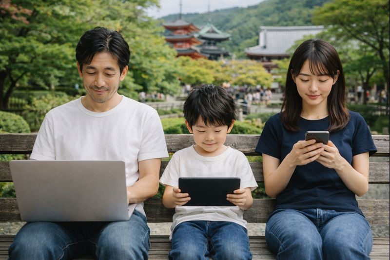 京都の公園のベンチで父がノートパソコン、母がスマホ、子どもがタブレットを使っている家族の様子