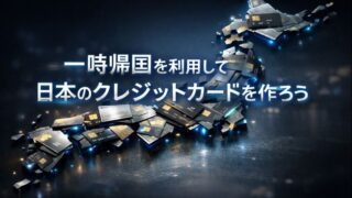 クレジットカードで構成された日本地図の上に「一時帰国を利用して日本のクレジットカードを作ろう」というタイトルが表示されたサムネイル画像。青と黒を基調にした未来的なデザイン。