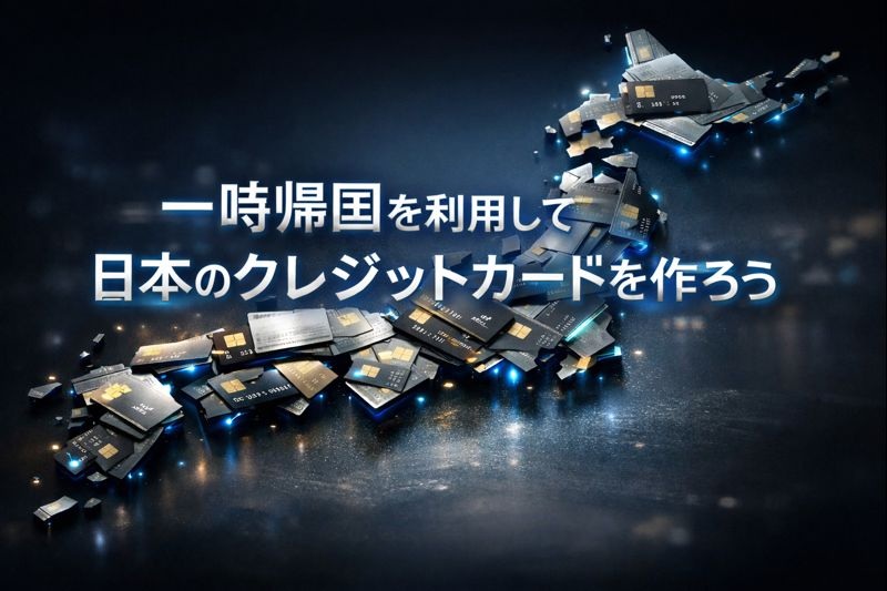 クレジットカードで構成された日本地図の上に「一時帰国を利用して日本のクレジットカードを作ろう」というタイトルが表示されたサムネイル画像。青と黒を基調にした未来的なデザイン。