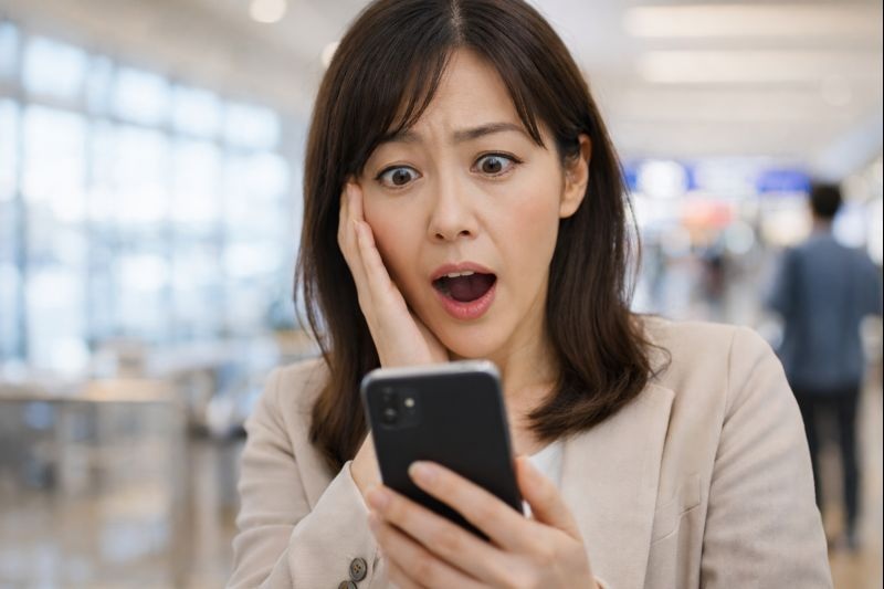空港でスマホの請求画面を見て驚く日本人女性の様子