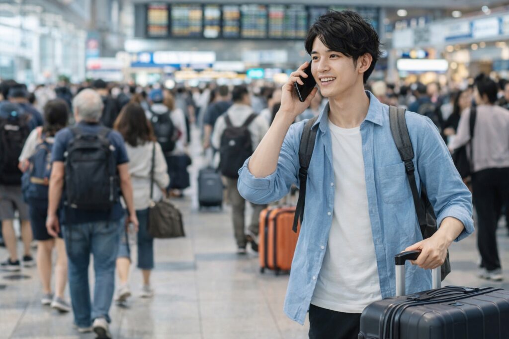 空港到着後すぐ通話｜一時帰国で日本の電話番号を使う男性のイメージ