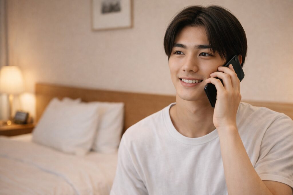 ホテルの部屋でスマートフォンを使って通話する日本人男性のポートレート