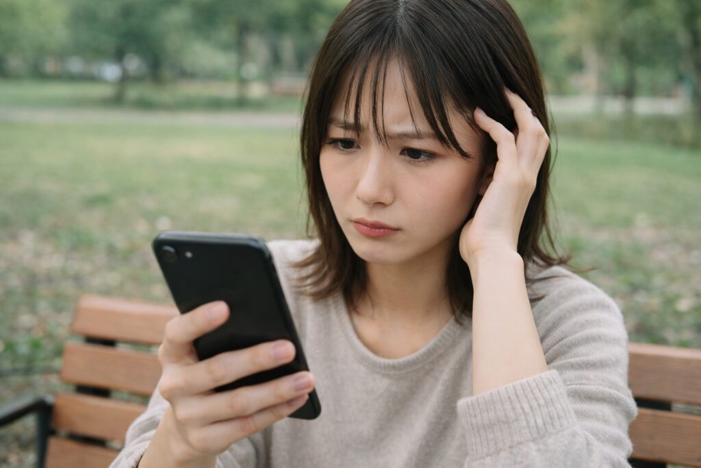 公園のベンチでスマートフォンを見ながら設定に悩む若いアジア人女性