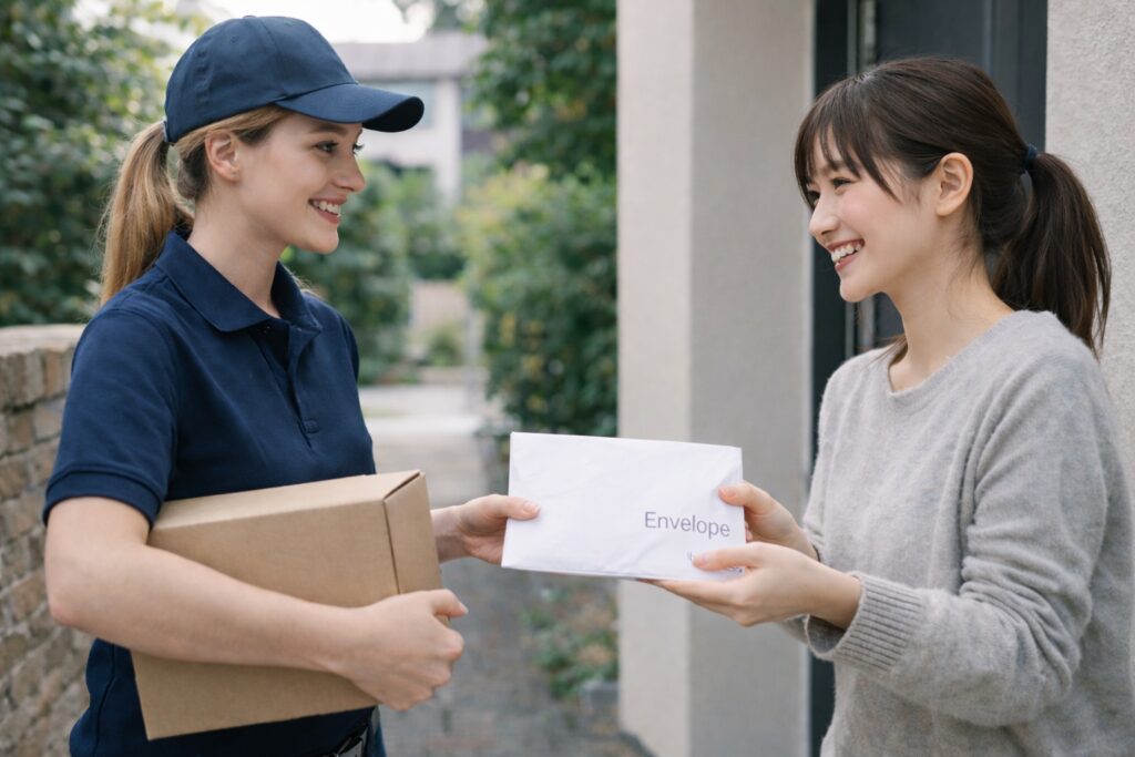 玄関先で配達員から封筒を受け取り、笑顔で対応する日本人女性の様子