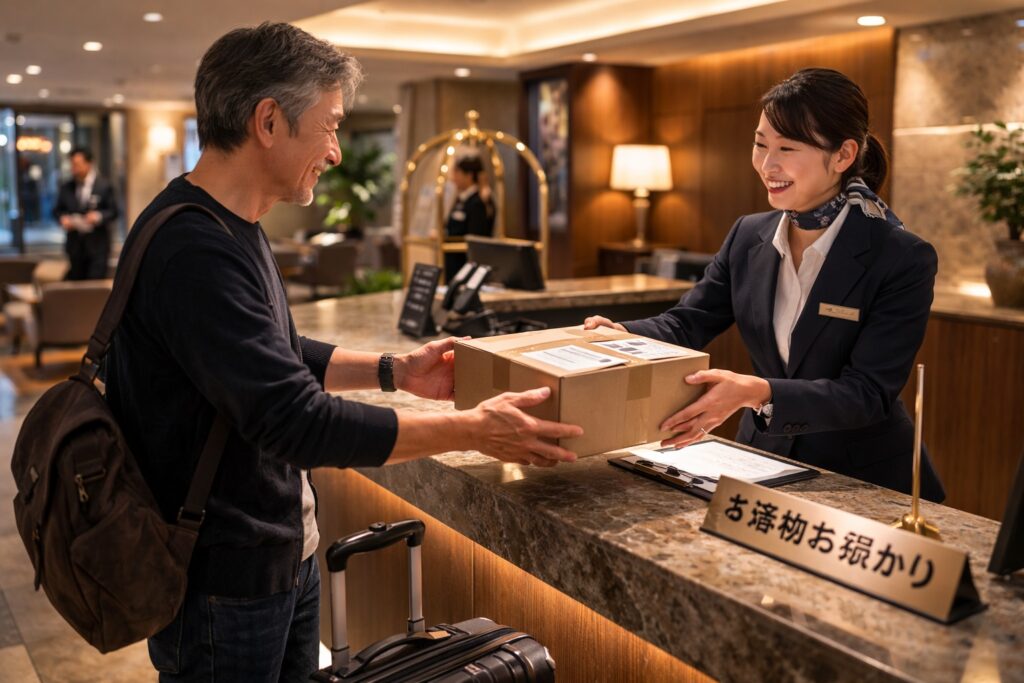 ホテルのフロントで宅配荷物を受け取る日本人男性の様子