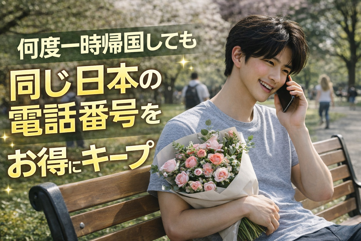 HanaCellで日本の電話番号を維持できるSIMサービスを紹介する記事のサムネイル。花束を持った日本人男性が公園でスマートフォンで通話している様子。