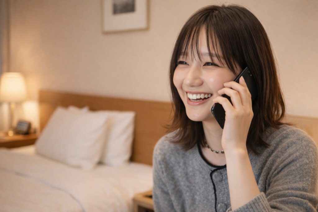ホテルの部屋でスマートフォンを使って電話する日本人女性naCell利用イメージ）