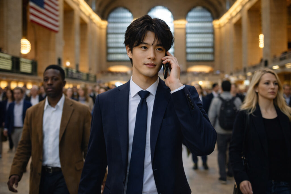 ニューヨークのグランドセントラル駅でスマートフォンで通話する日本人男性