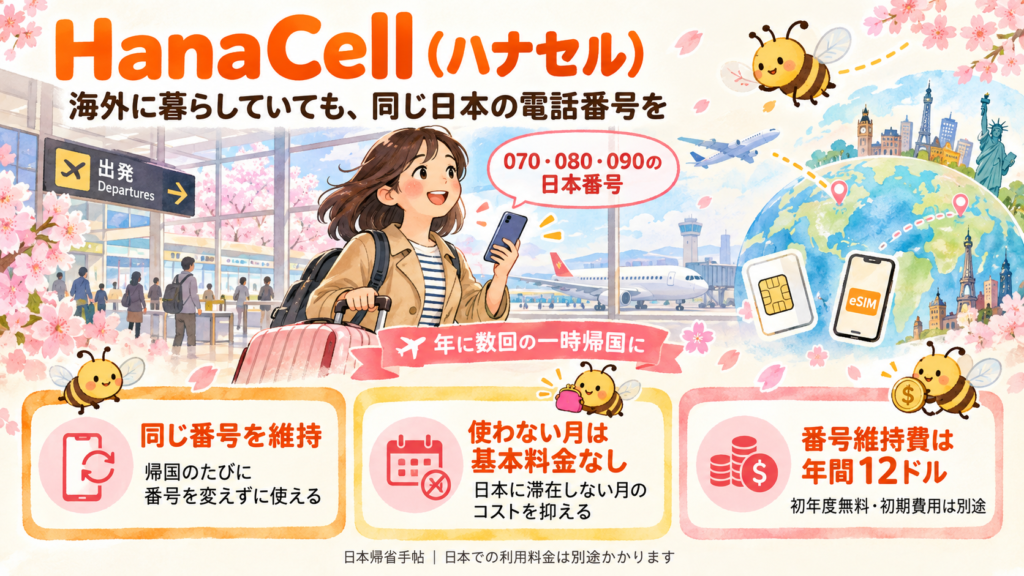 桜の咲く空港でスマートフォンを持つ女性と、蜂のキャラクターを描いたHanaCellのサービス紹介画像。同じ日本番号の維持、使わない月の基本料金なし、年間12ドルの番号維持費を説明している