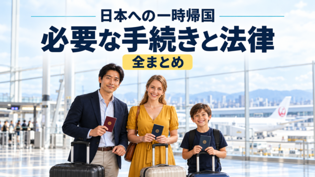 空港でパスポートと旅行かばんを持つ国際結婚の家族3人。「日本への一時帰国」「必要な手続きと法律」「全まとめ」と記載されたサムネイル。
